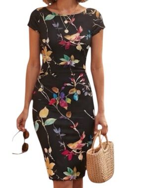 LUSTRE Cocktail Party Floral Print BodyCon Scuba Mini Dress Black Size 6 UK 10
